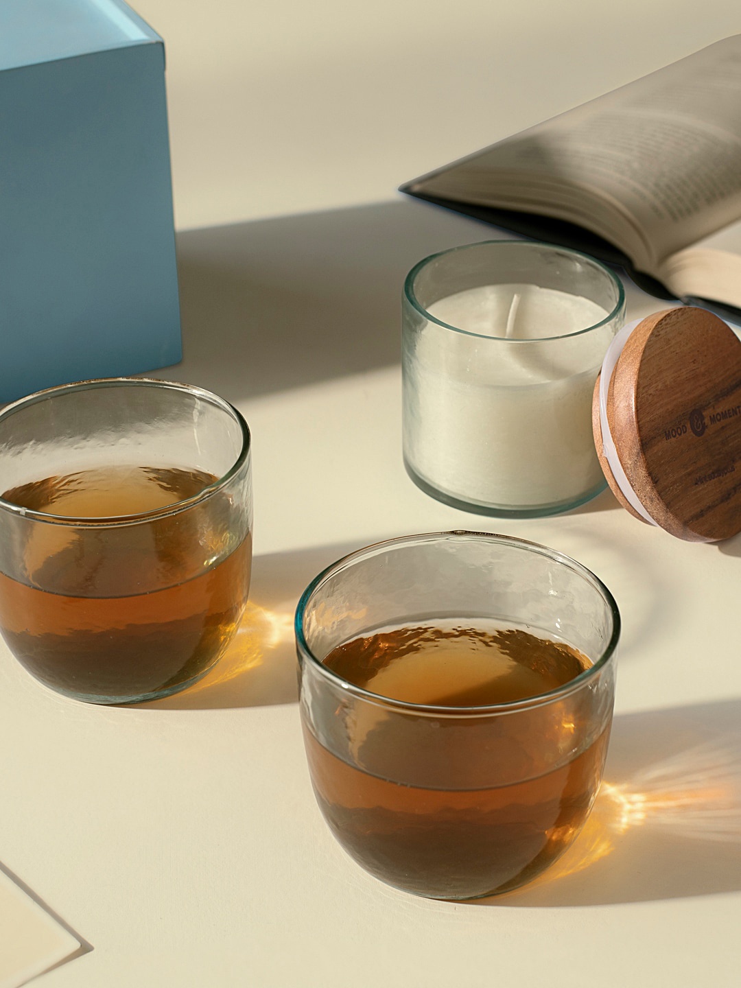 

ellementry Transparent & Brown Natural Soy Wax Filled Glass Jar With 2 Green Tea Cups