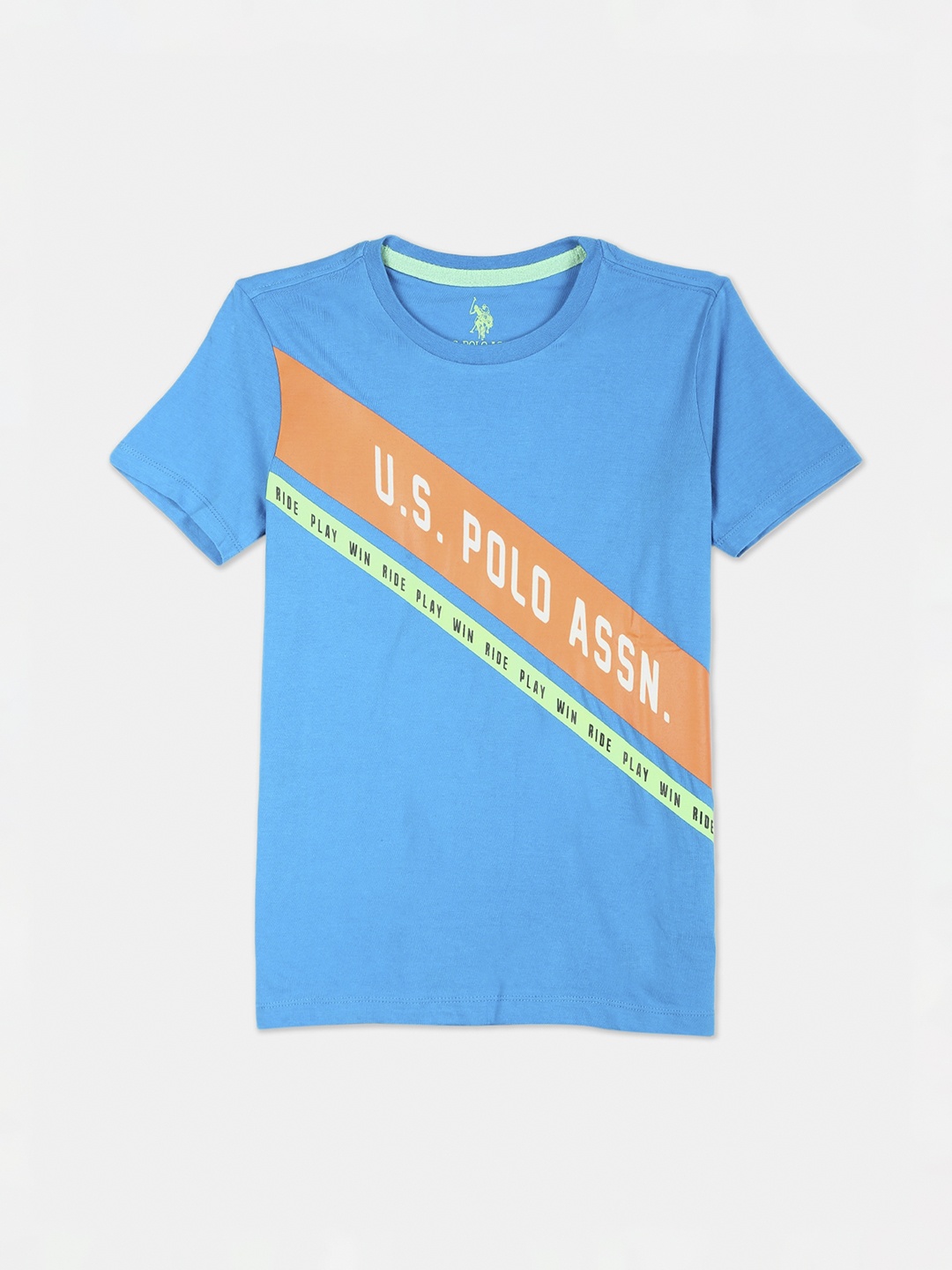 

U.S. Polo Assn. Kids Boys Blue Brand Logo Printed Round Neck T-shirt