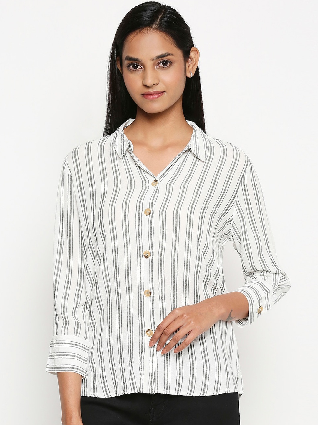 

Honey by Pantaloons Women Off-White Regular Fit Striped Casual Shirt