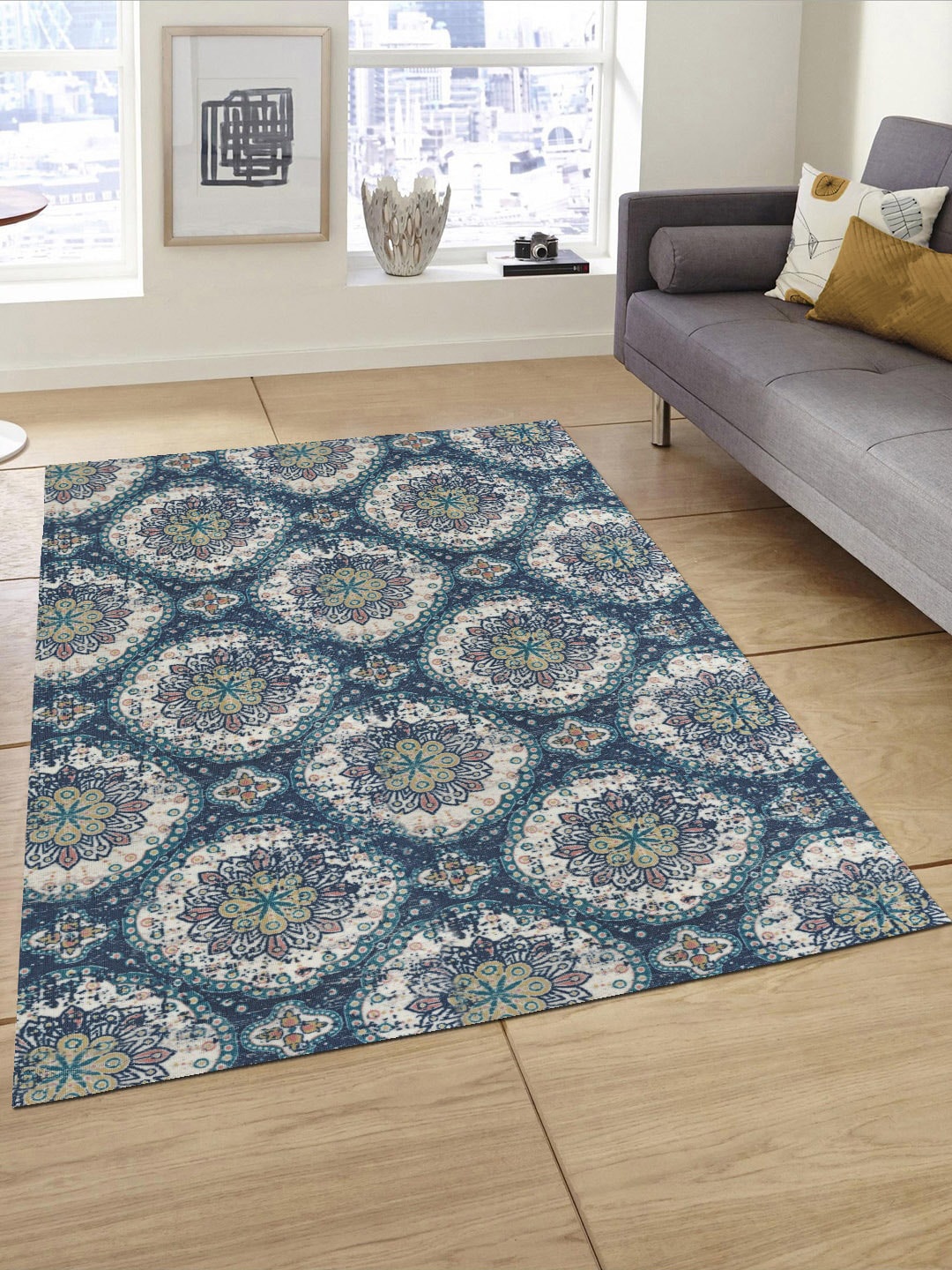 

Status Navy Blue & Beige Printed Anti-Skid Carpet