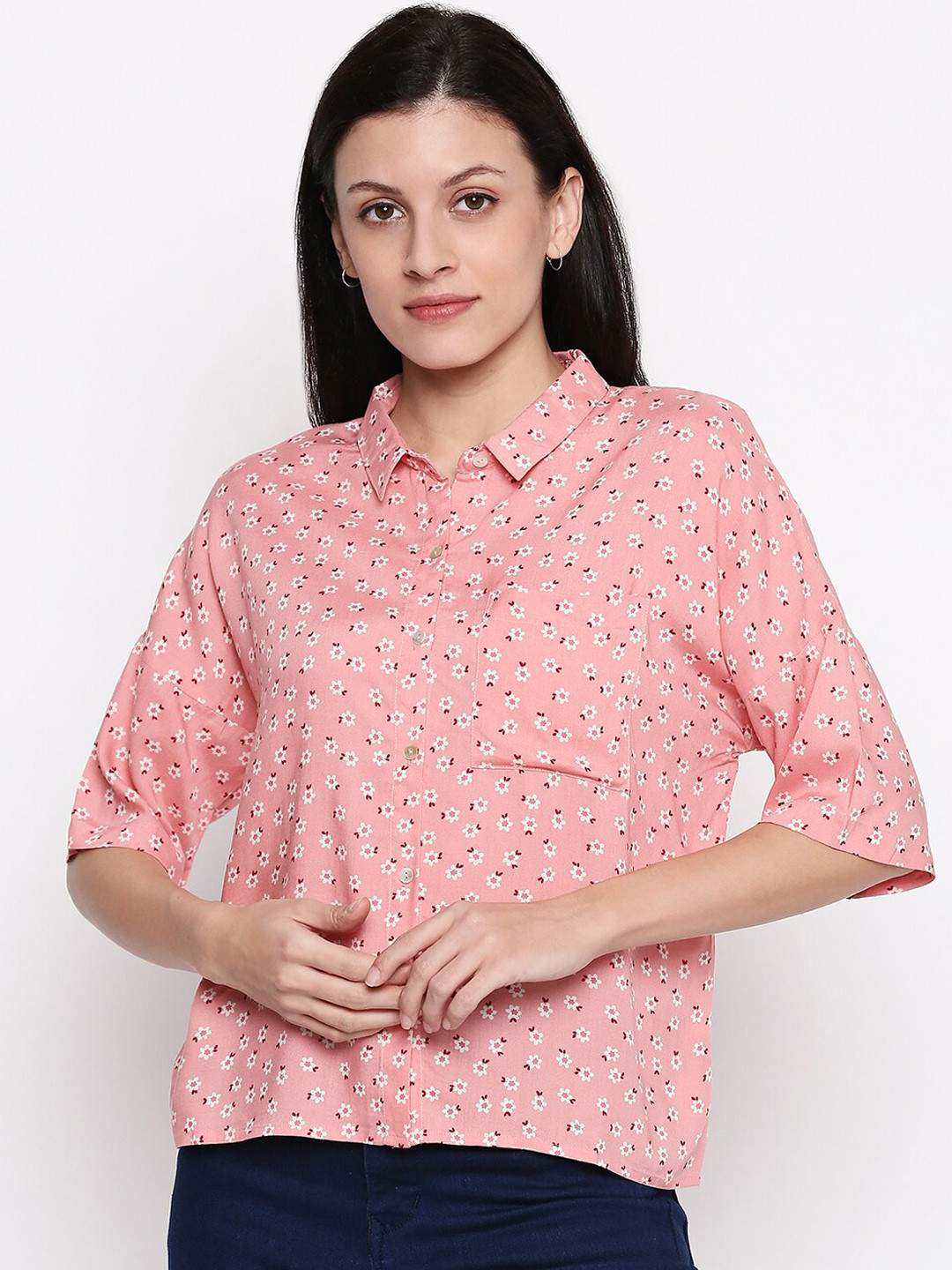 

People Women Pink Regular Fit Printed Casual Shirt