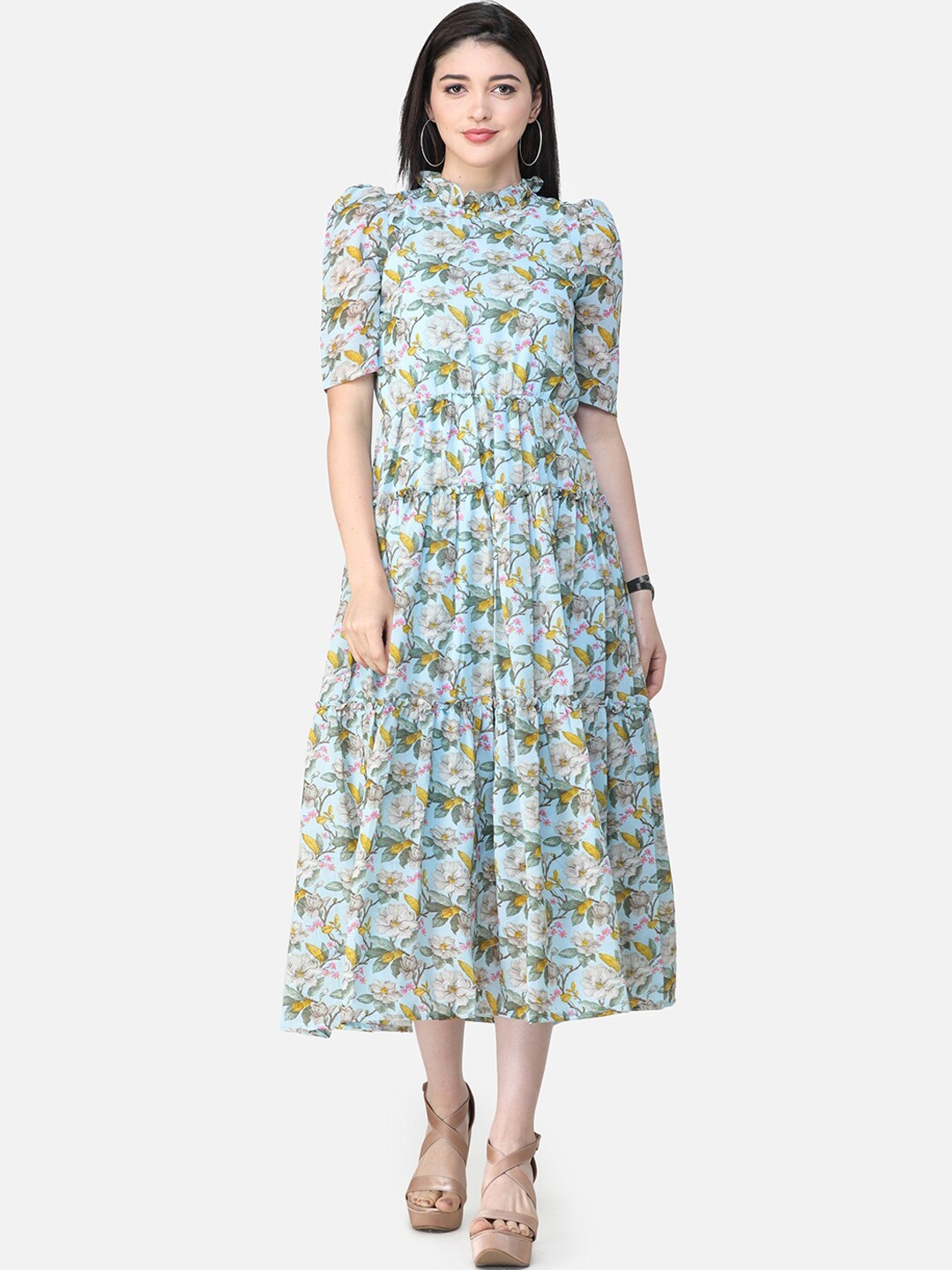 

SCORPIUS Women Floral Printed A-Line Dress, Turquoise blue
