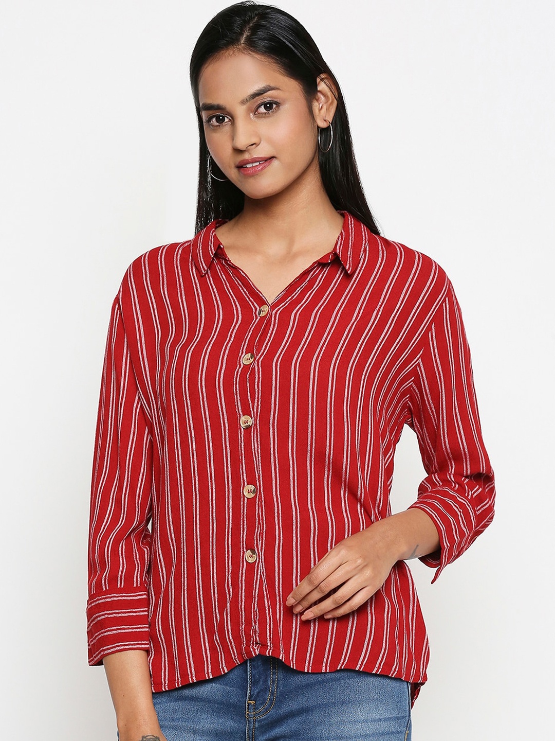 

Honey by Pantaloons Women Rust Regular Fit Striped Casual Shirt