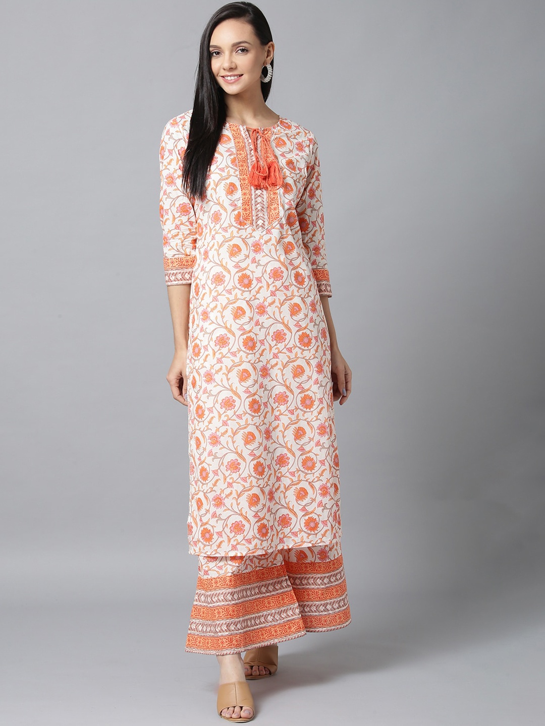 

Yufta Women Orange Handblock Printed Kurta with Palazzos