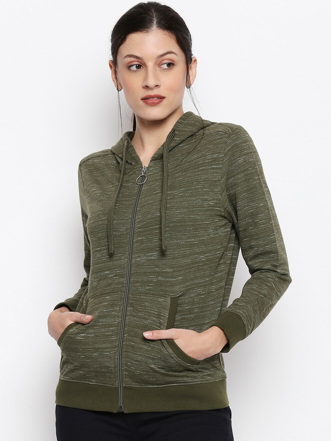 

People Women Green Solid Hooded Sweatshirt