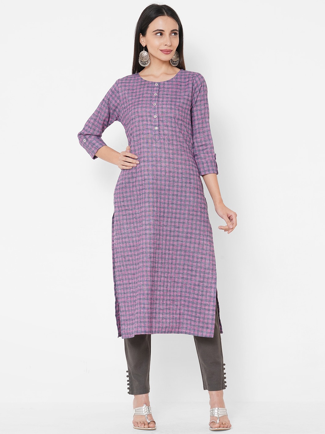 

FASHOR Women Purple Checked Rolled-Up Sleeve Straight Kurta