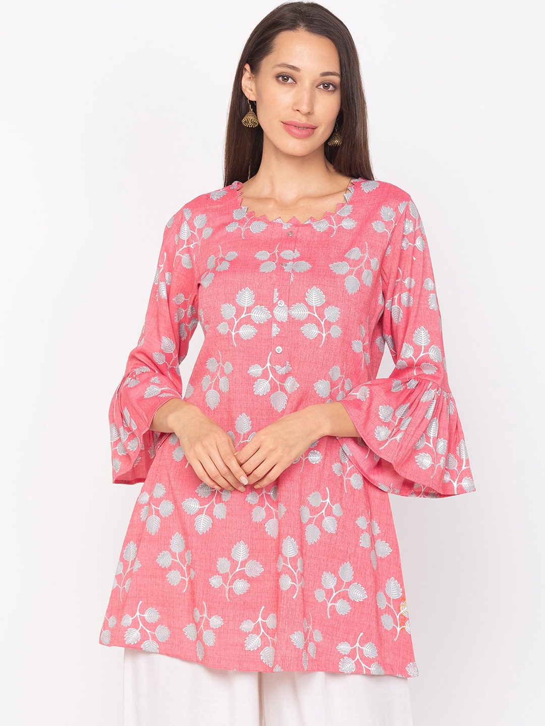 

TANKHI Women Pink & Grey Floral Printed Bell Sleeves Kurta