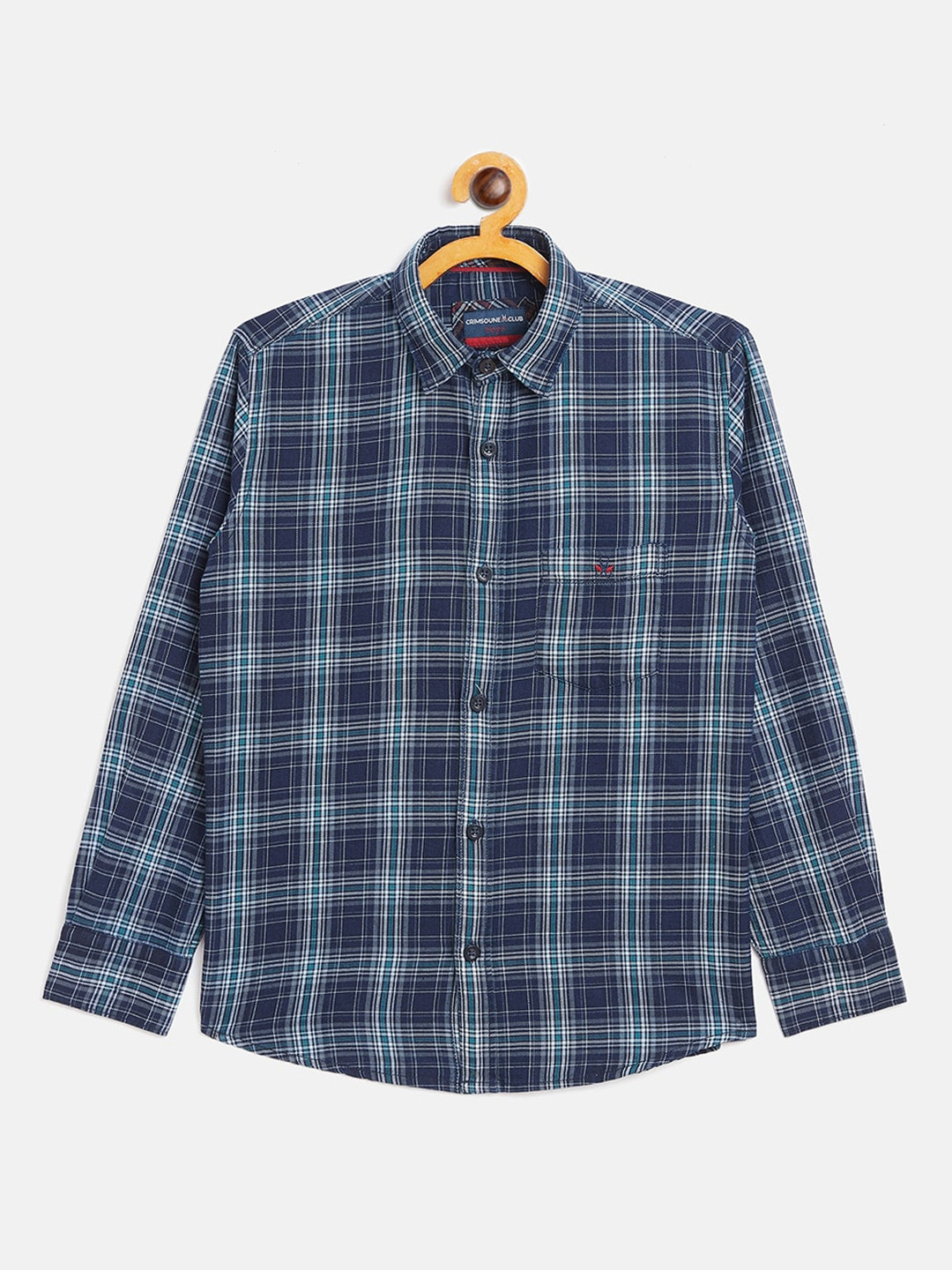 

Crimsoune Club Boys Navy Blue Slim Fit Checked Cotton Casual Shirt