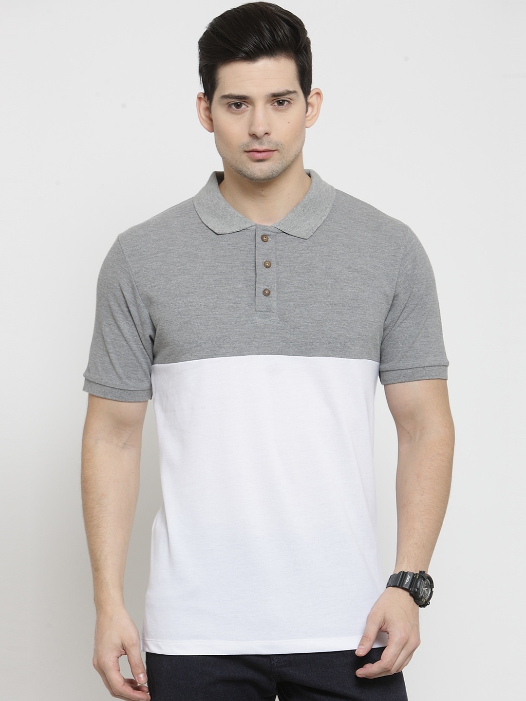 

Kalt Men White & Grey Colourblocked Polo Collar T-shirt