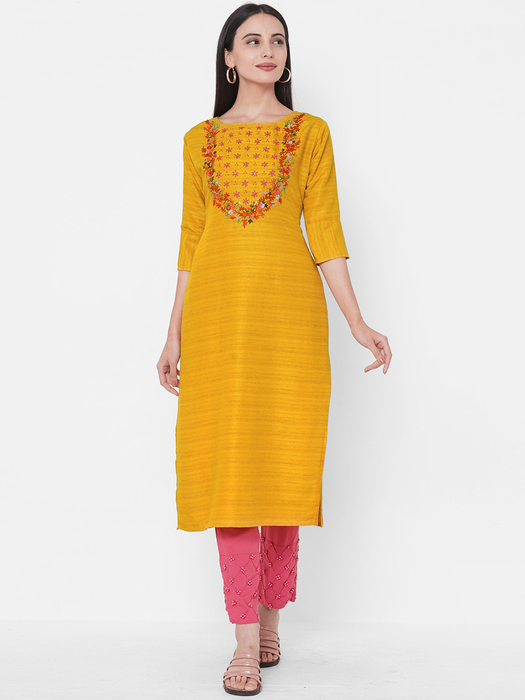 

FASHOR Yellow Floral Embroidered Thread Work Boat Neck Regular Sleeves Kurta