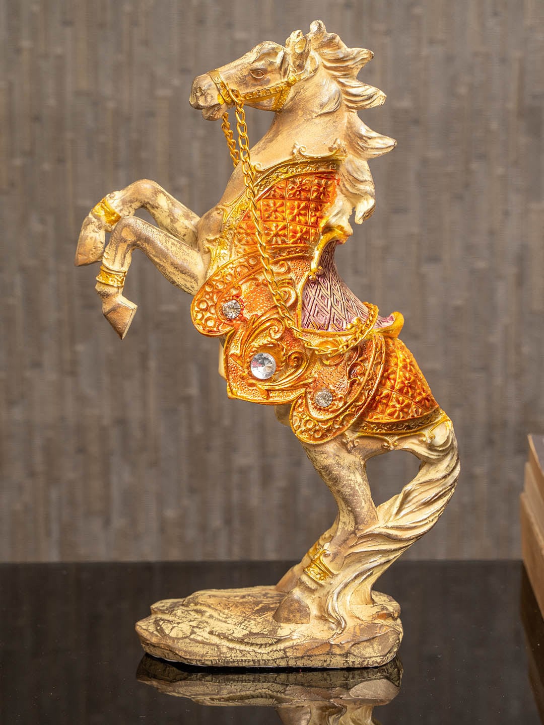 

TIED RIBBONS Gold-Toned Stone-Studded Roaring Horse Statue Showpiece