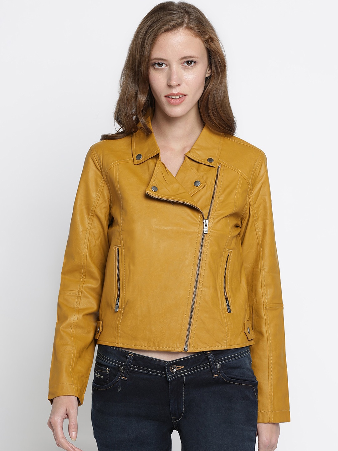 

Pepe Jeans Women Mustard Yellow Solid Biker Jacket