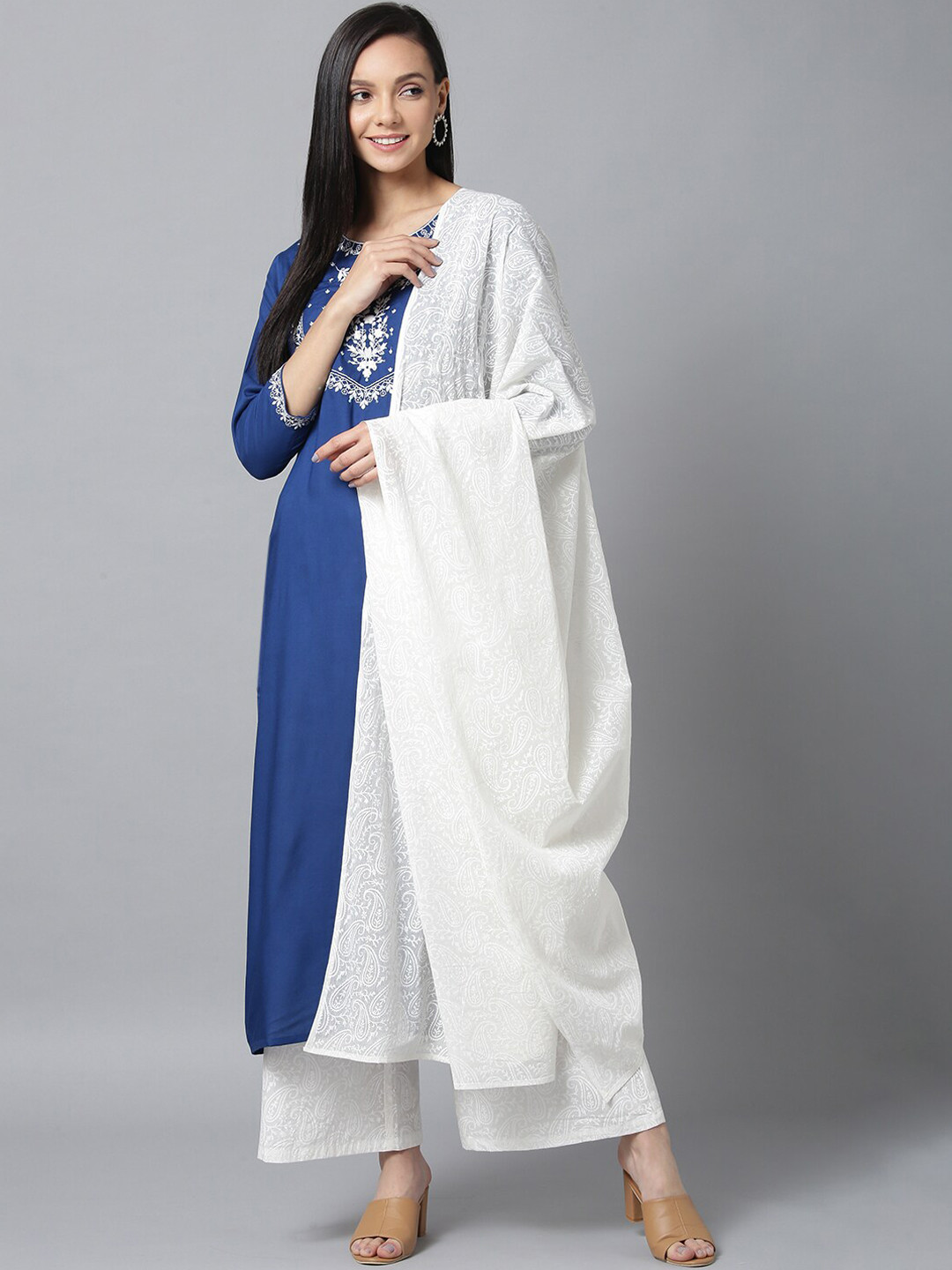 

Yufta Women Blue & White Yoke Design Kurta with Palazzos & Dupatta