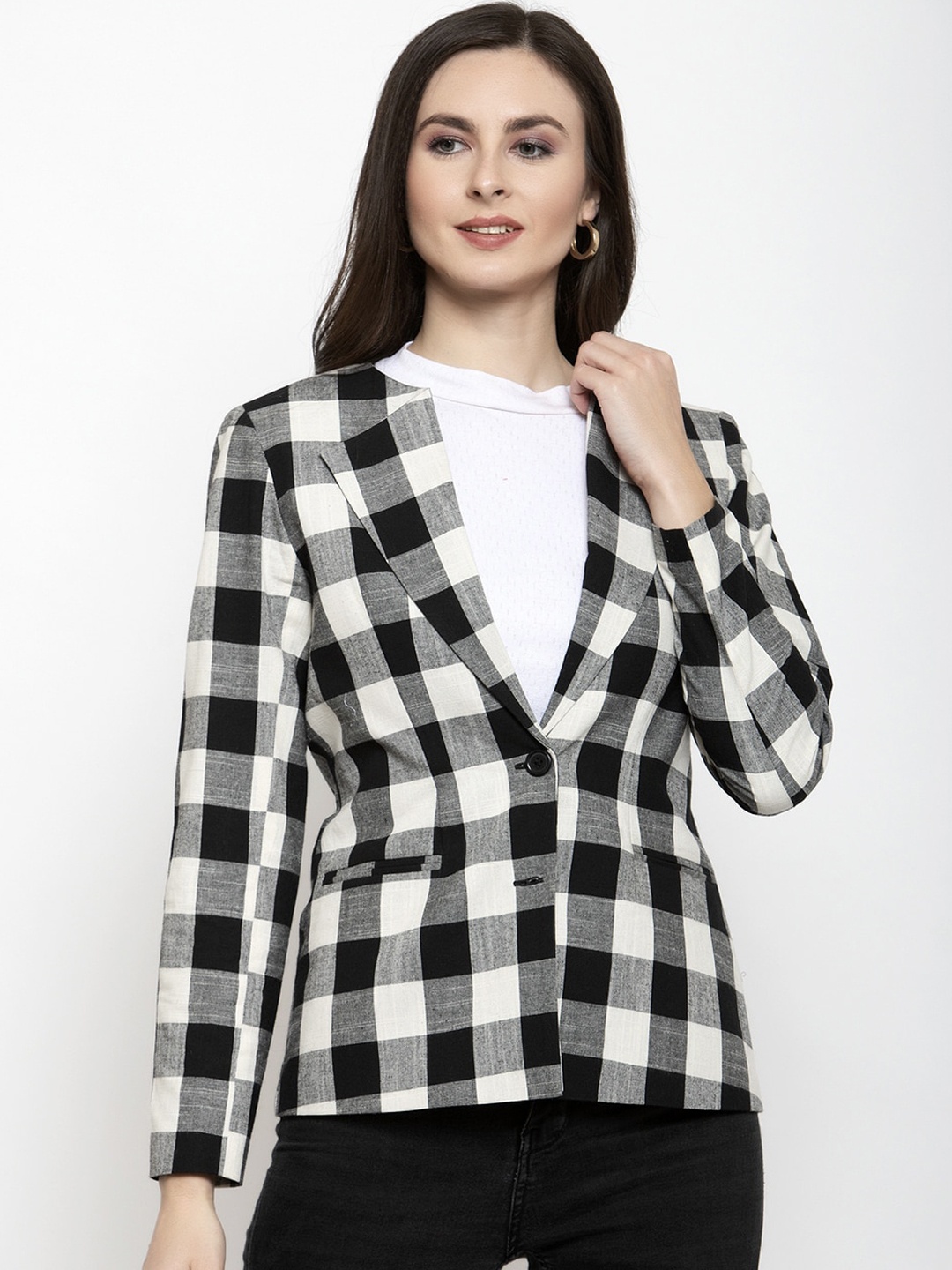 

WESTCLO Women Black Checked Tailored Jacket