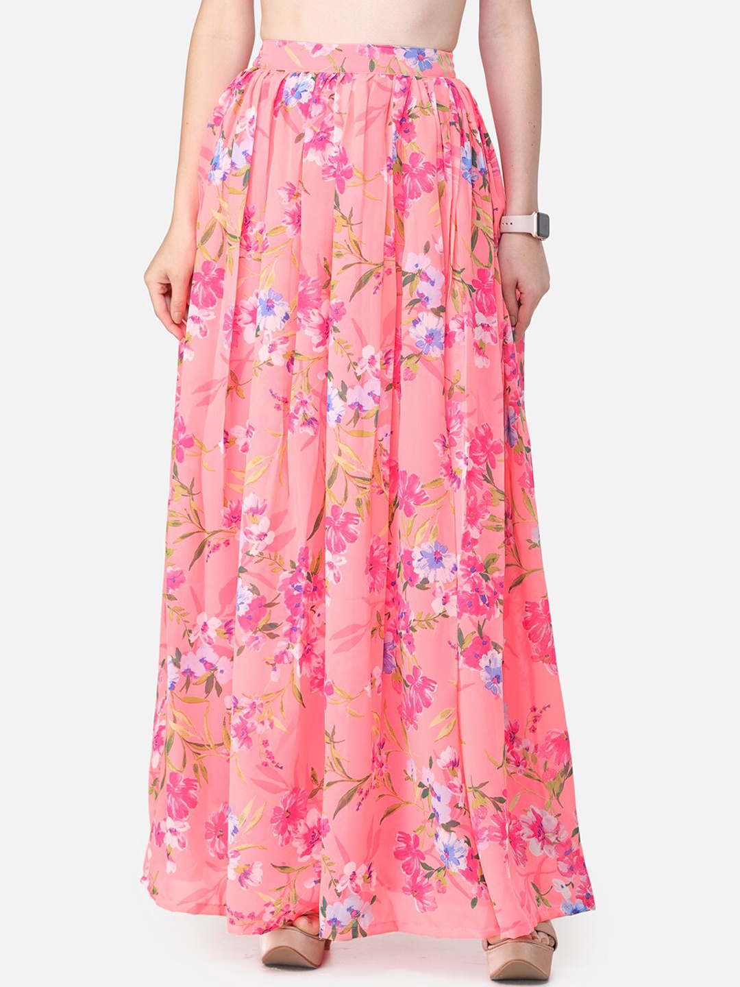 

SCORPIUS Women Pink & Green Floral Printed Pleated Flared Maxi Skirt
