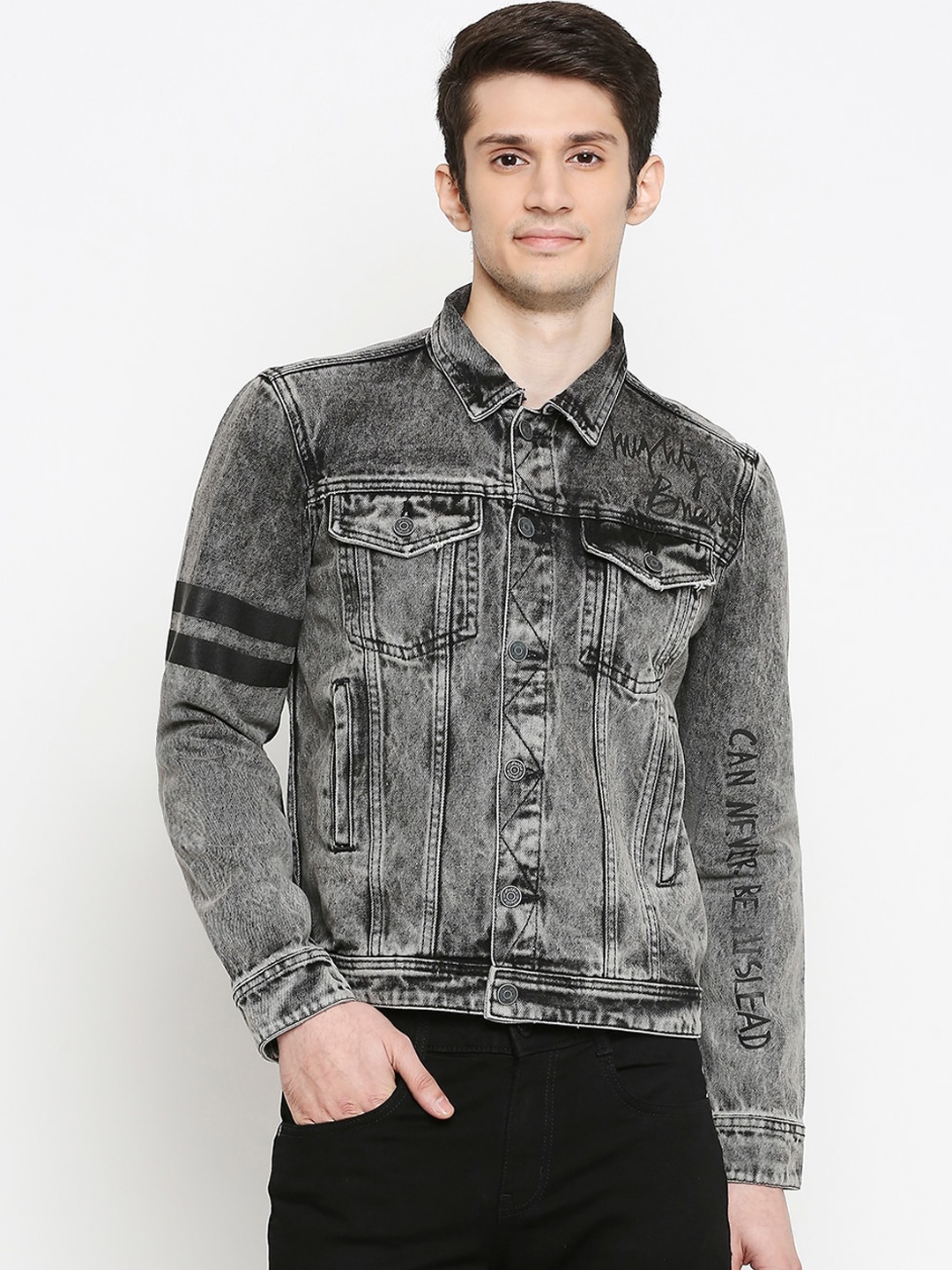 

People Men Grey Solid Denim Jacket