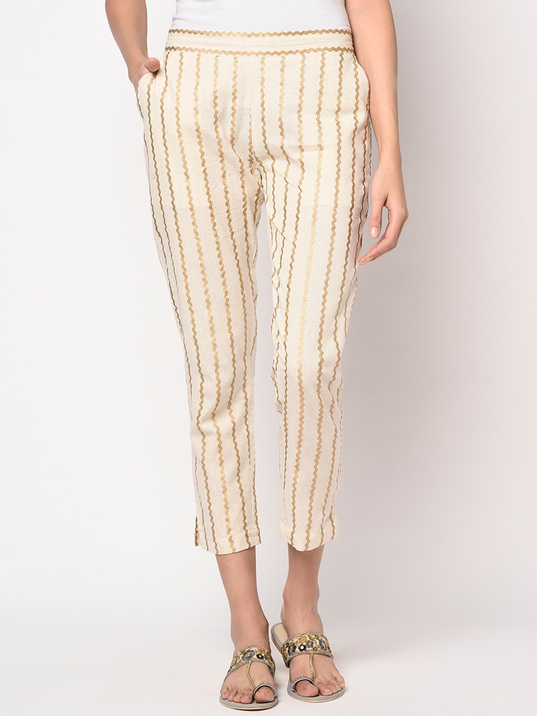 FABNEST Women Beige Striped Straight Palazzos
