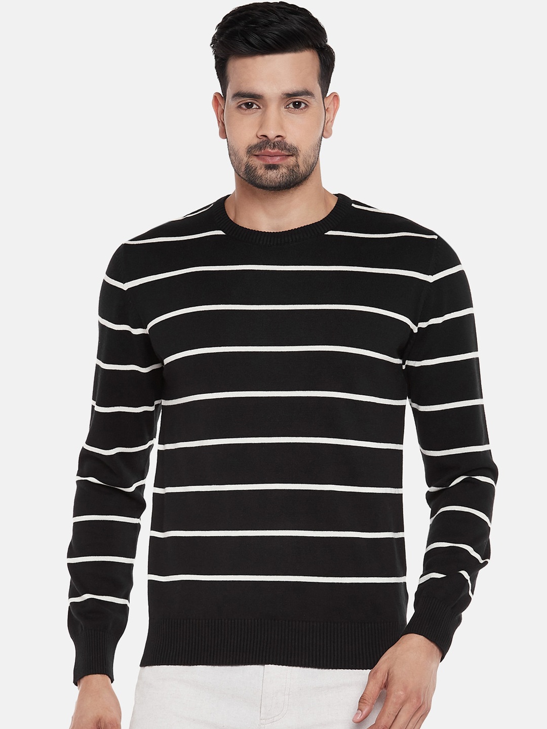 

BYFORD by Pantaloons Men Black & White Striped Cotton Pullover Sweater