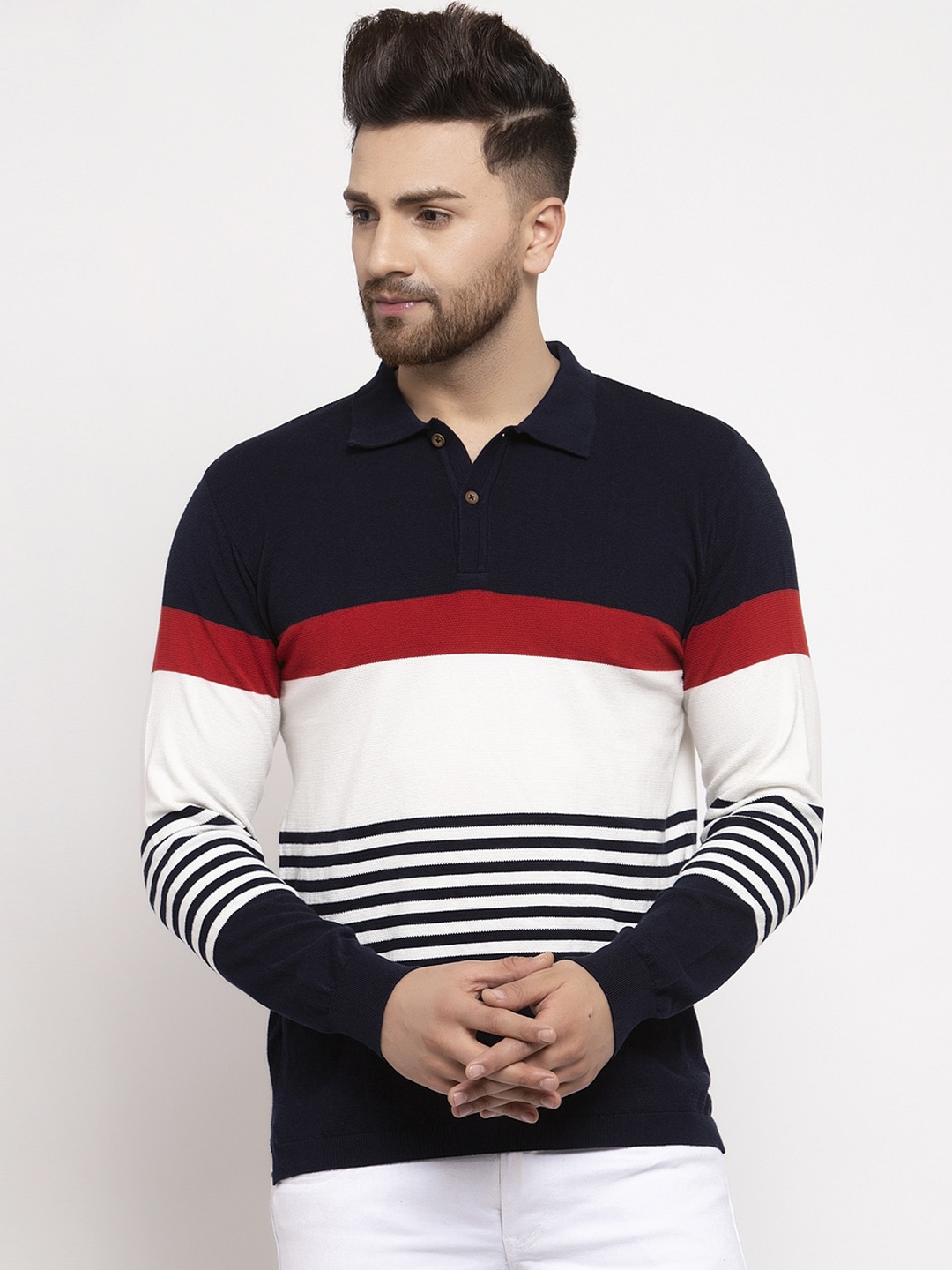 

Kalt Men Navy Blue & White Striped Polo Collar T-shirt