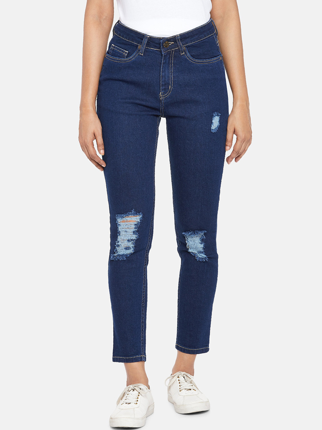 

People Women Blue Tapered Fit Mid-Rise Mildly Distressed Cotton Jeans
