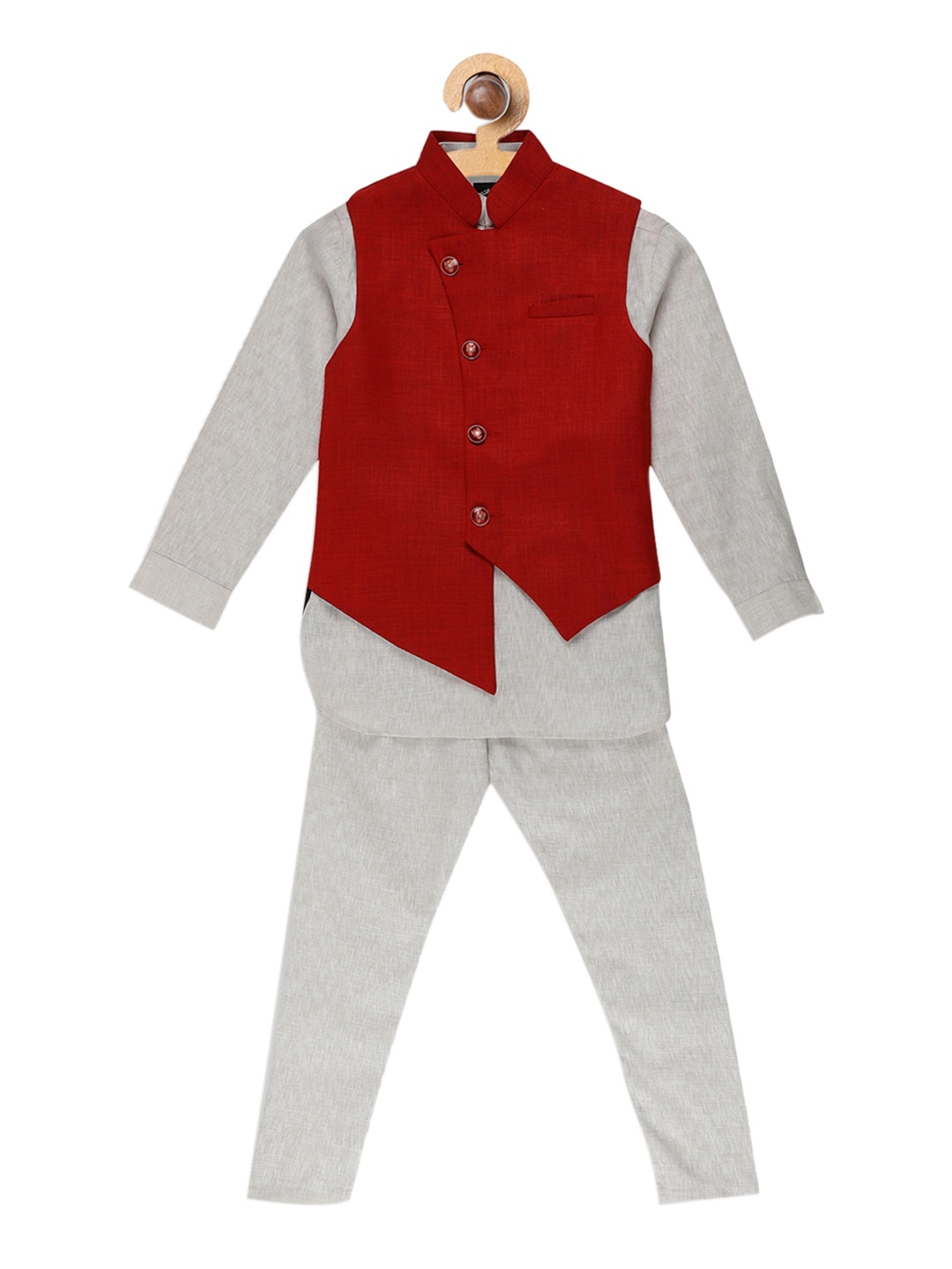 

Blue Giraffe Boys Grey & Red Solid Kurta with Pyjamas And Waistcoat