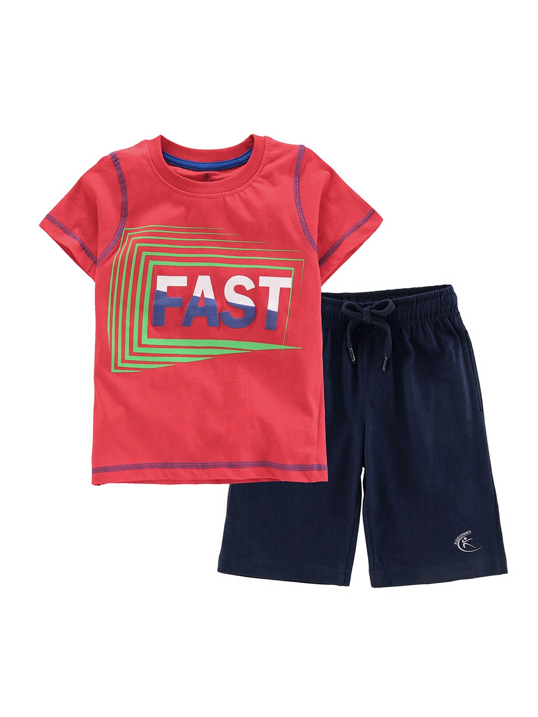 

KiddoPanti Boys Coral & Navy Blue Printed T-shirt with Shorts
