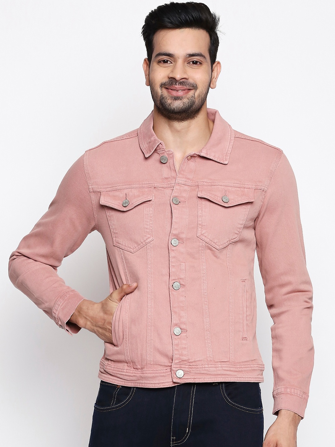 

People Men Pink Solid Denim Jacket