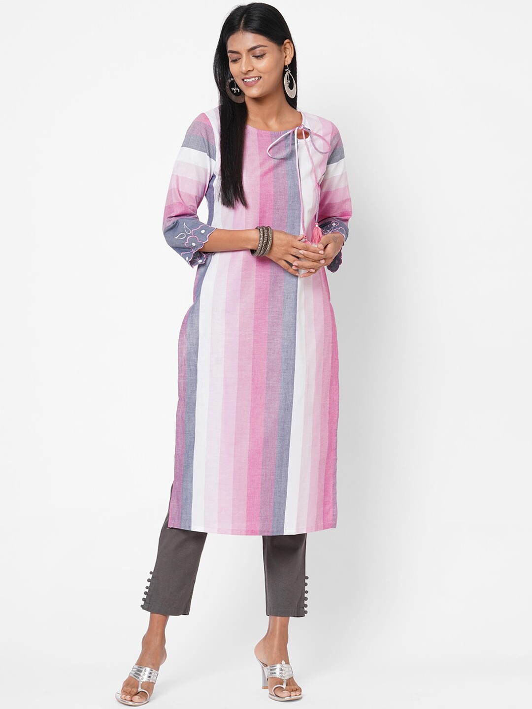 

Os Pink Striped Keyhole Neck Thread Work Regular Sleeves Kurta