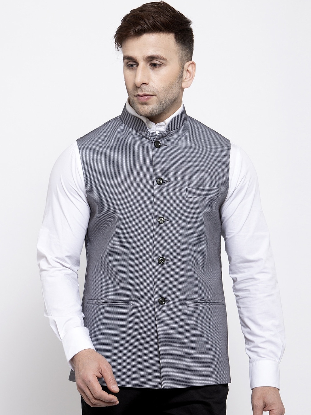 

Wintage Men Grey Woven Design Satin Nehru Jacket