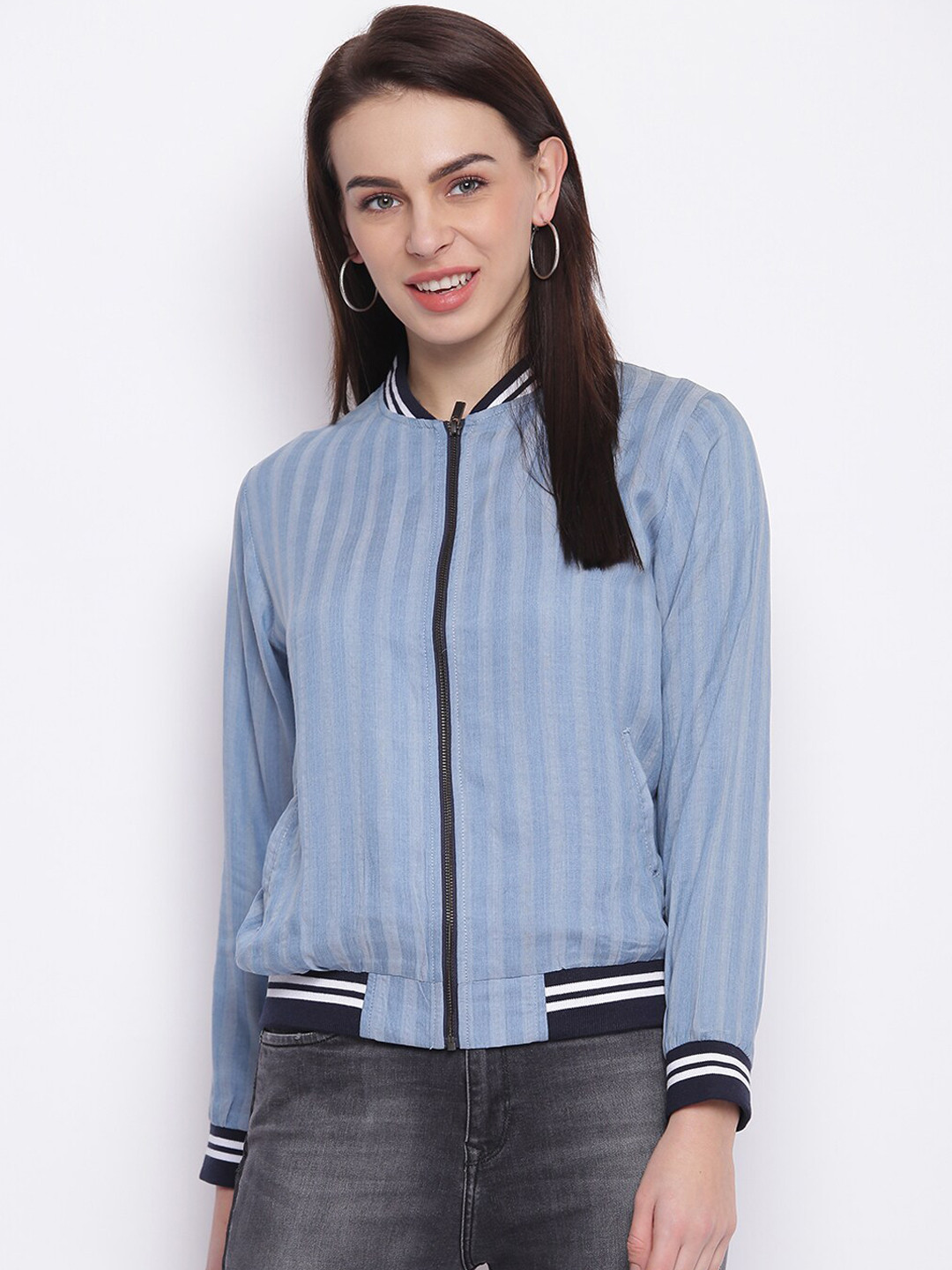

Pepe Jeans Women Navy Blue Striped Bomber Jacket