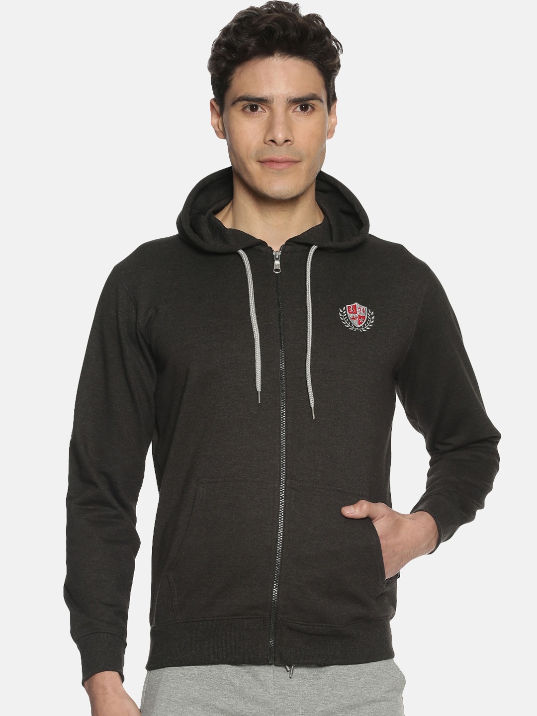 Dollar Men Charcoal Grey Solid Hooded Sweatshirt