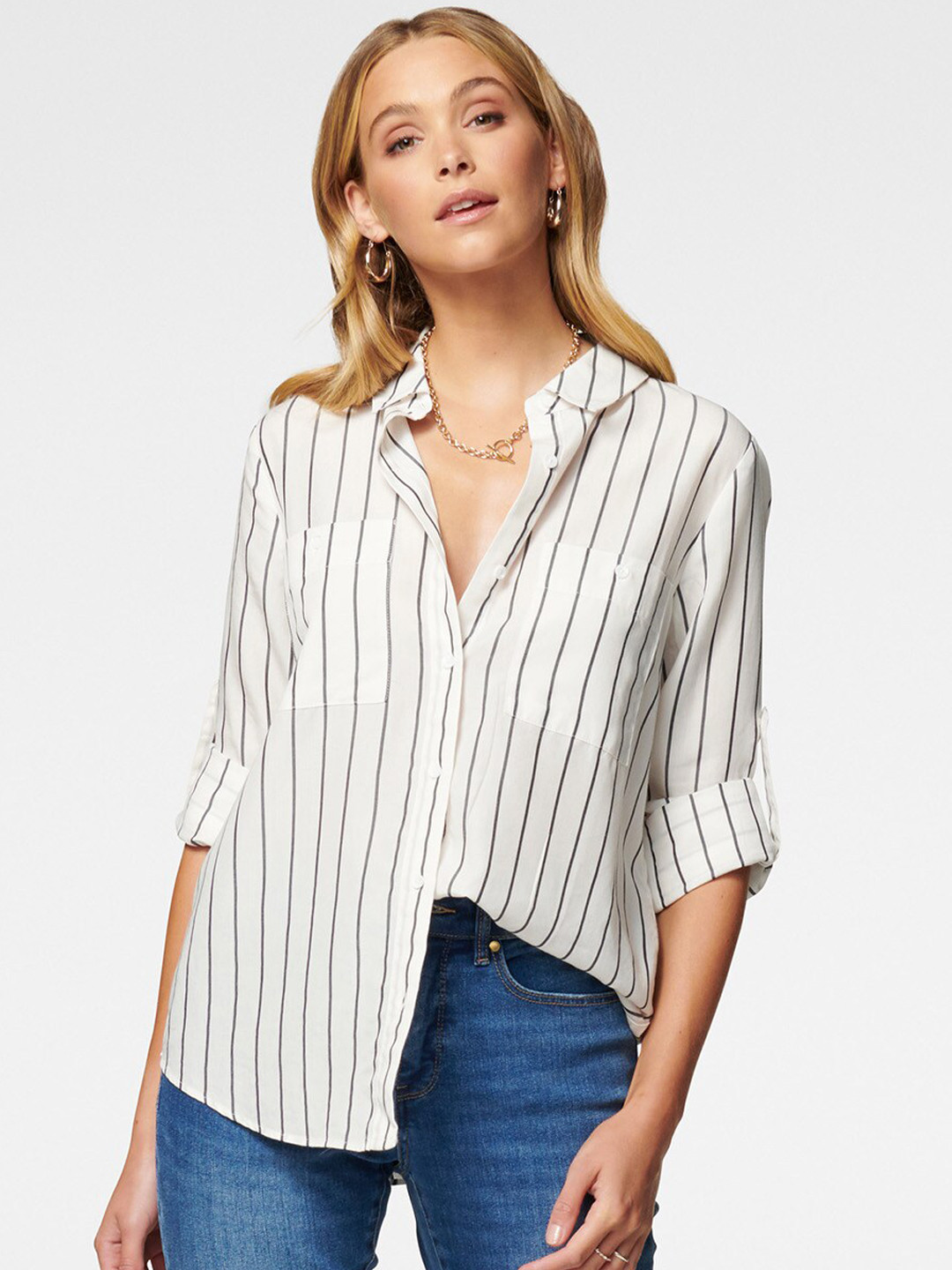 

Forever New Women White Regular Fit Striped Casual Shirt