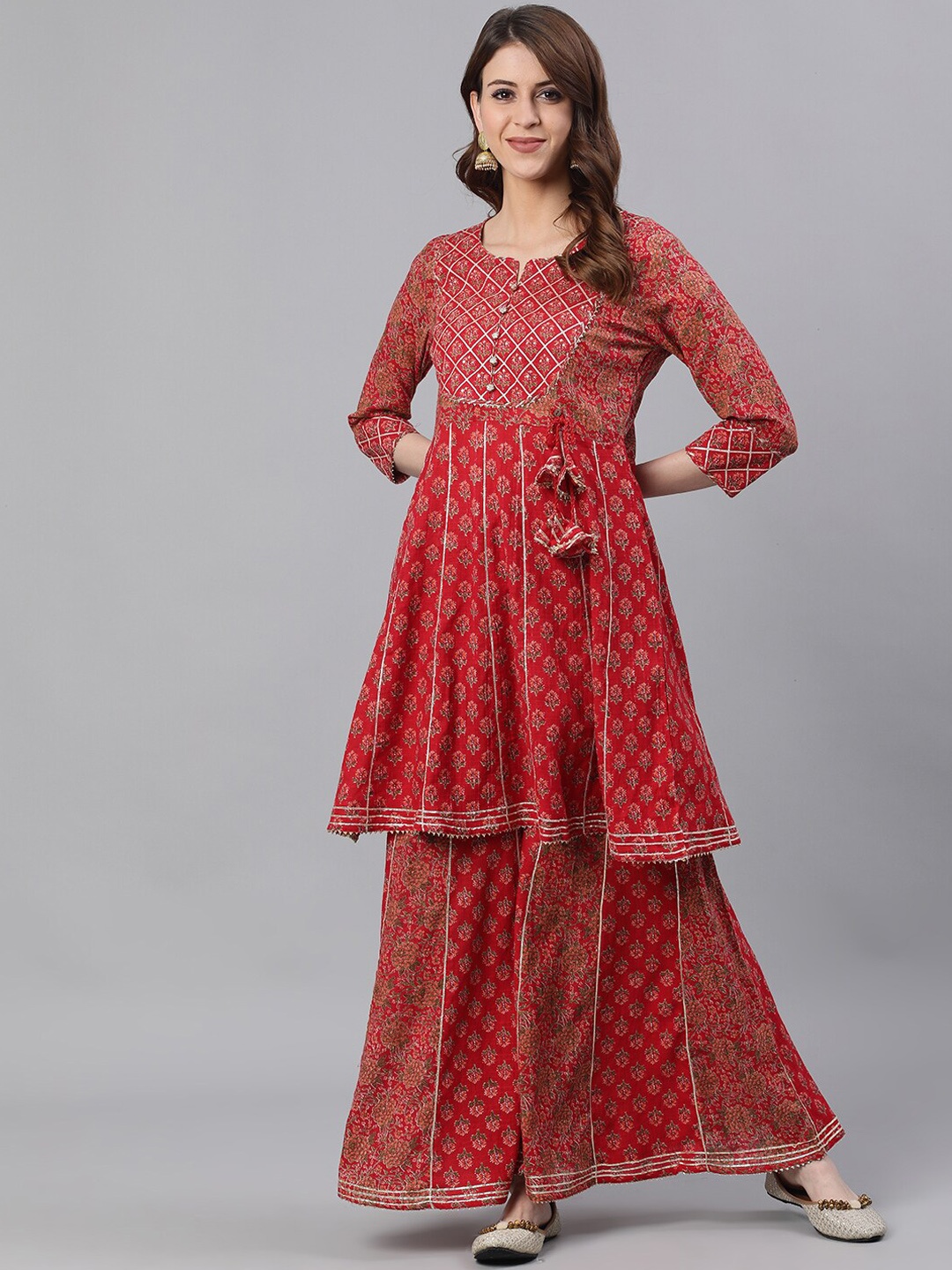 

Ishin Women Red Printed Kurta with Sharara