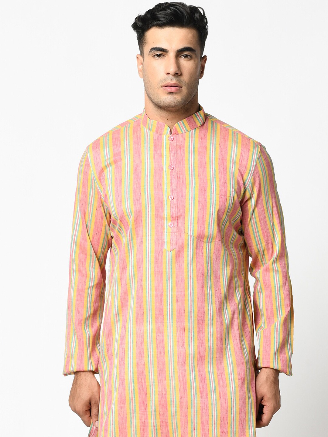 

LAMAAYA Men Pink & Off-White Striped Kurta with Pyjamas