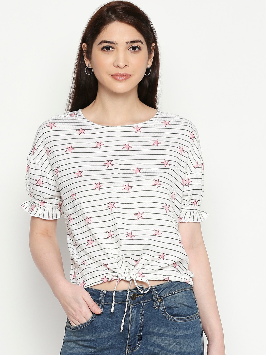 

People White & Pink Striped Puff Sleeve Top