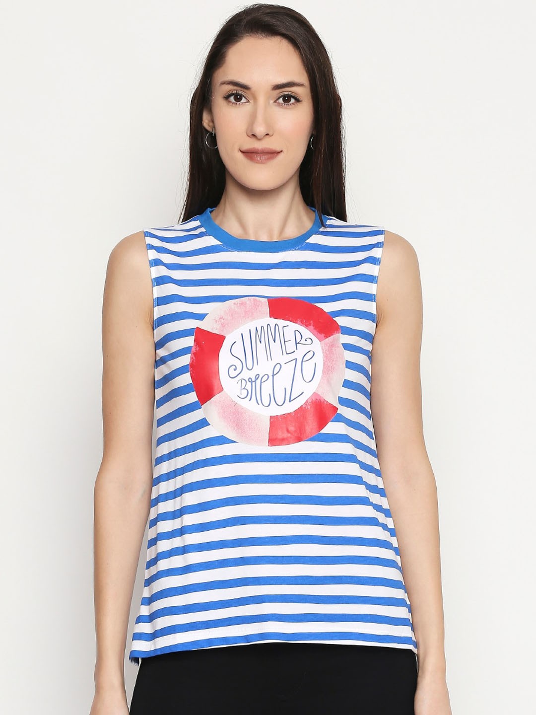 

People White Striped Pure Round Neck Sleeveless Top