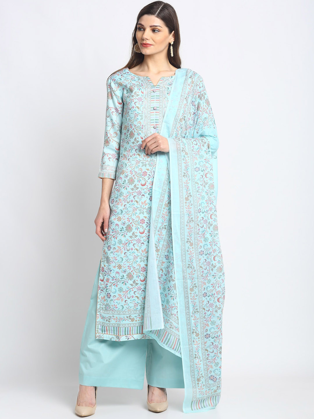 

Stylee LIFESTYLE Turquoise Blue & Pink Cotton Blend Unstitched Dress Material