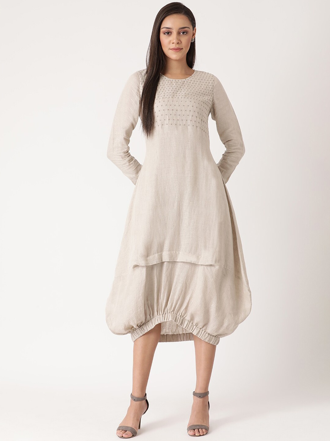 

ROOTED Women Beige Self Design Linen A-Line Dress