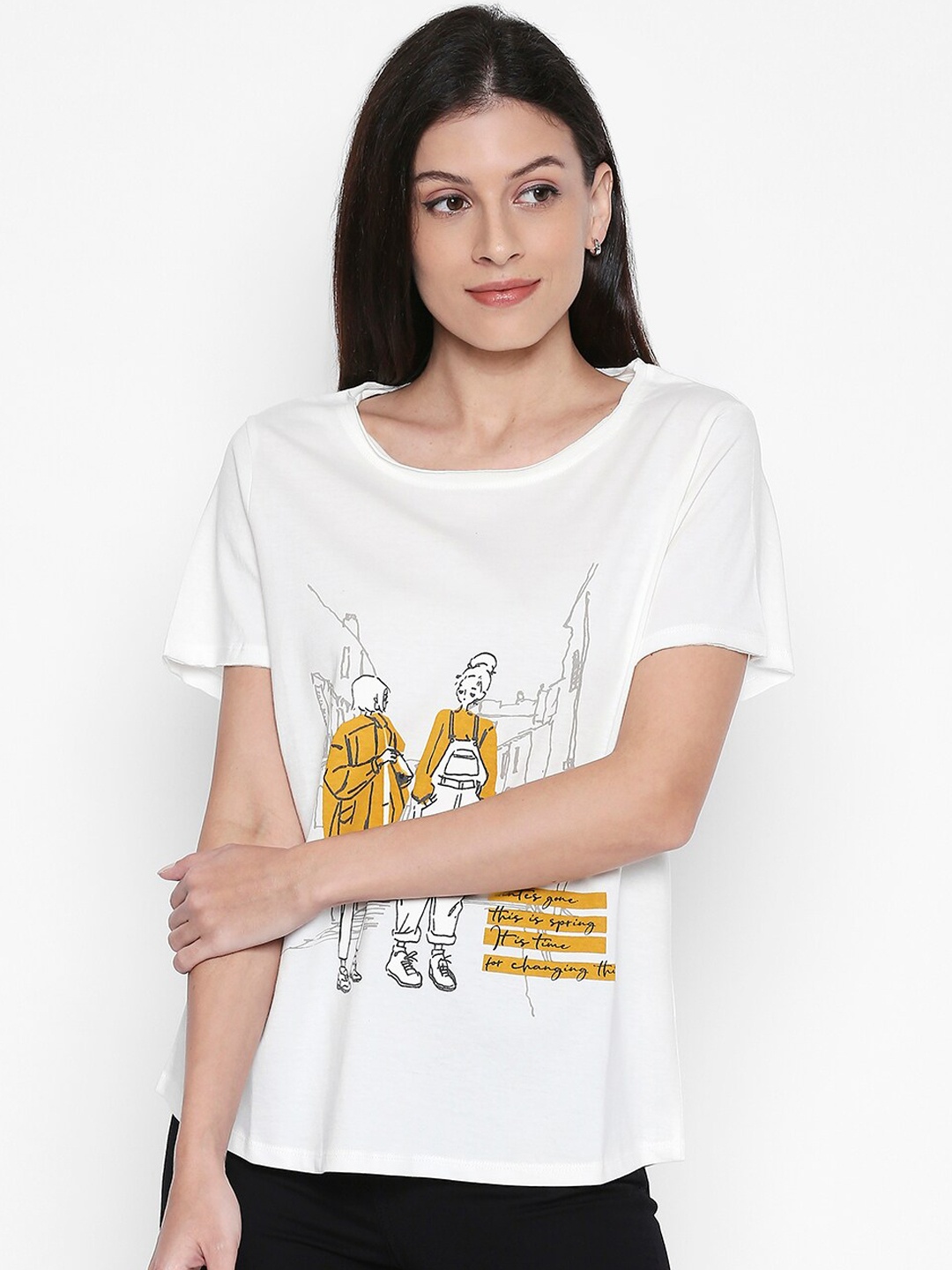 

People Women White Printed Round Neck Pure Cotton T-shirt