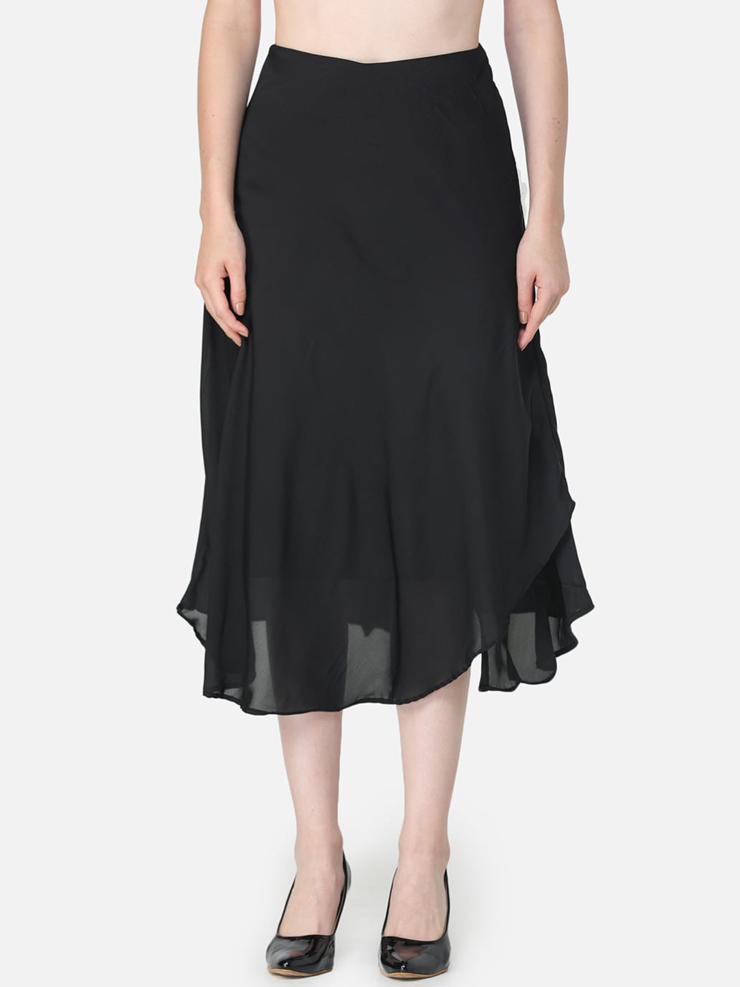 Cation Women Black Solid Tulip Midi Skirt
