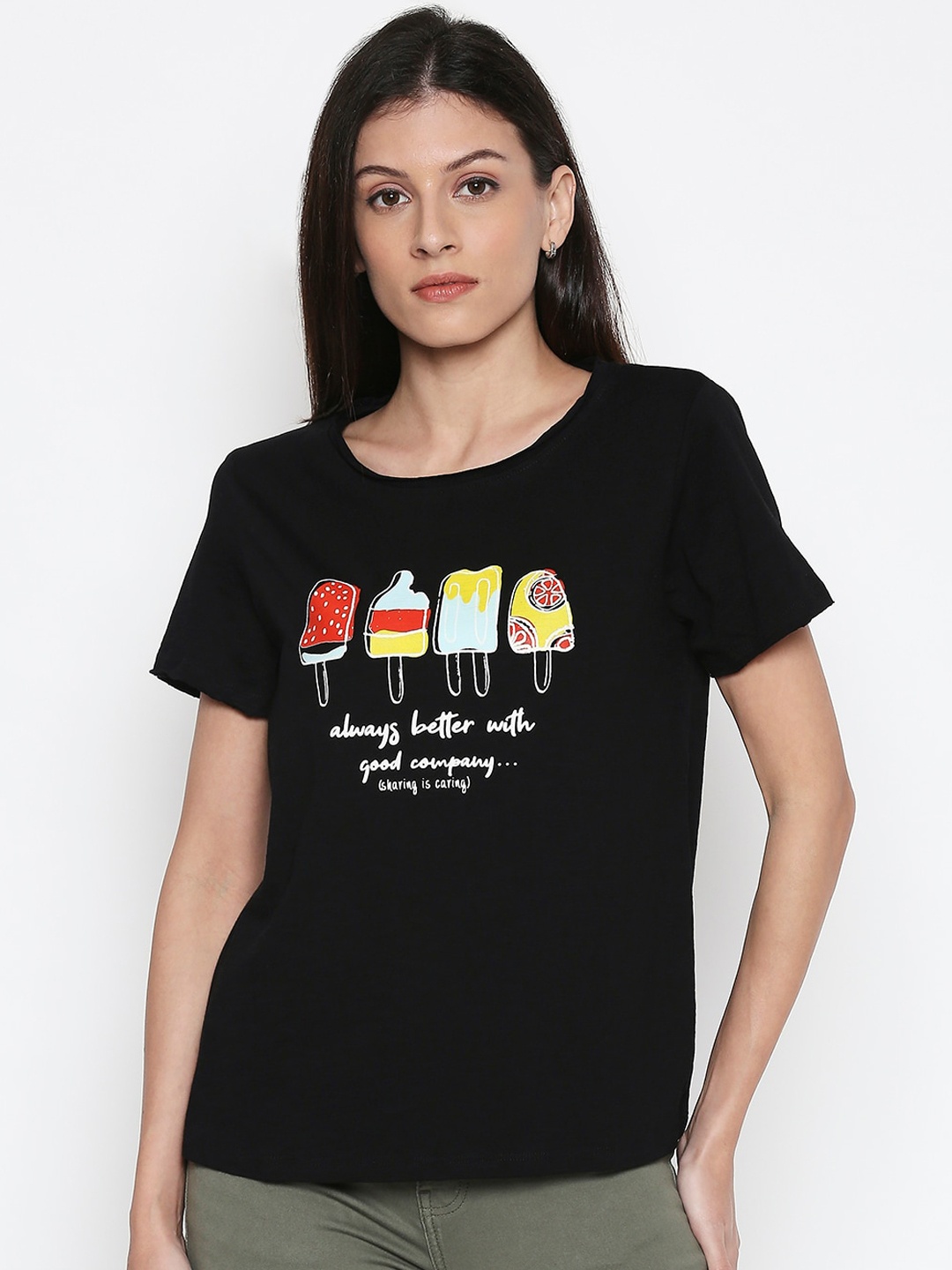 

People Women Black Printed Round Neck Cotton Pure Cotton T-shirt
