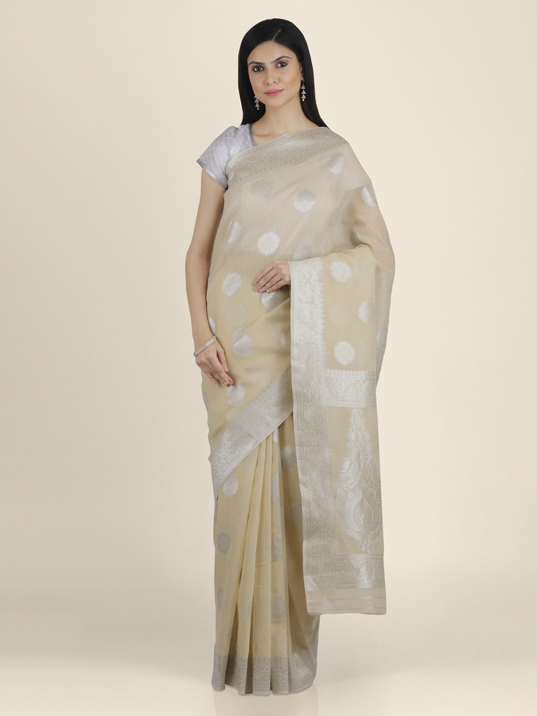 

KAJREE Beige Pure Linen Woven Design Khadi Saree