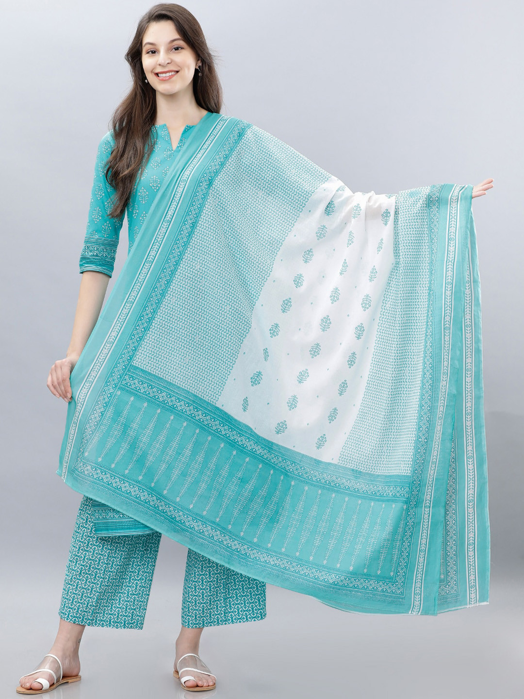 

Vishudh Off-White & Blue Printed Dupatta