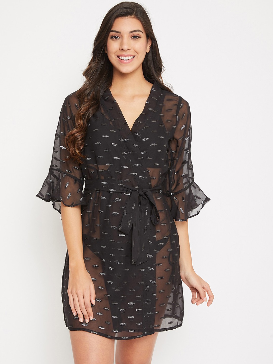 

Clovia Women Black & Silver-Coloured Printed Sheer Robe