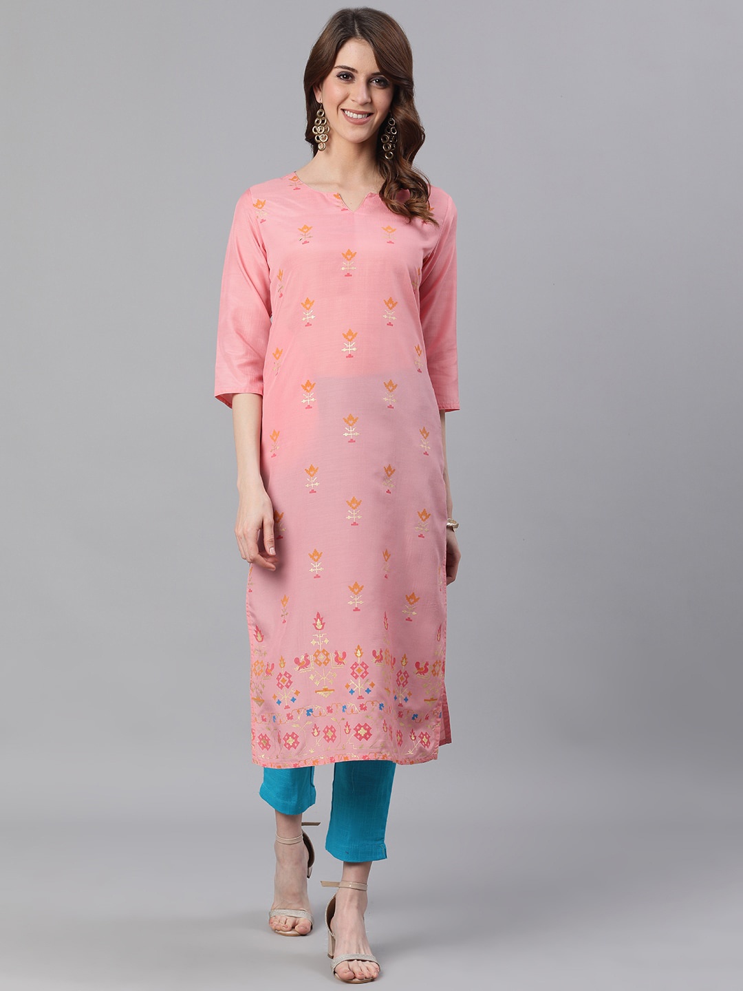 

Jaipur Kurti Pink Floral Printed Silk Kurta