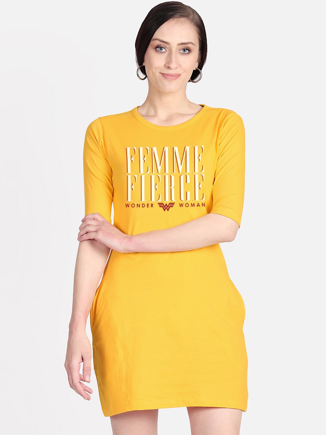 

Free Authority Yellow & Red Wonder Woman Printed T-shirt Dress