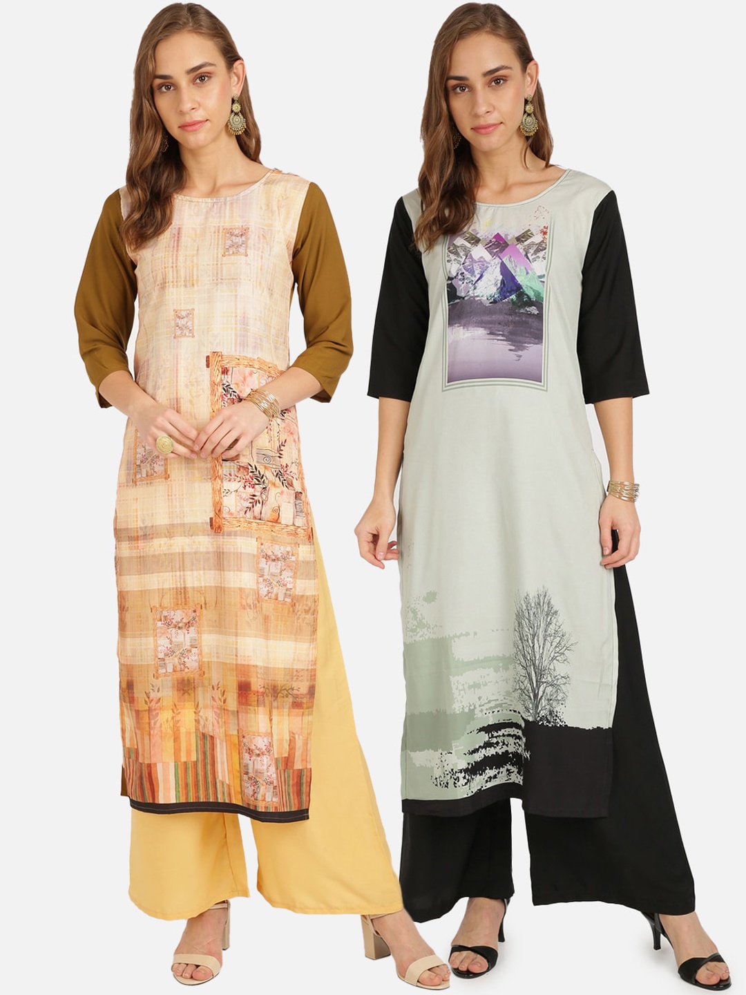 

Florence Women Pack of 2 Printed Crepe Kurta, Beige