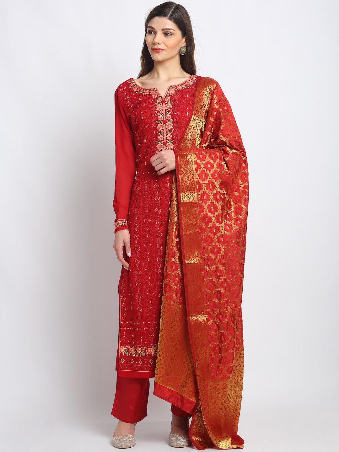 

Stylee LIFESTYLE Red & Green Poly Georgette Unstitched Dress Material