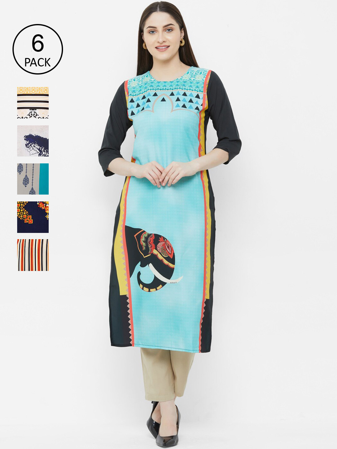 

7Threads Women Pack of 6 Colourblocked Digital Printed Kurtas, Multi