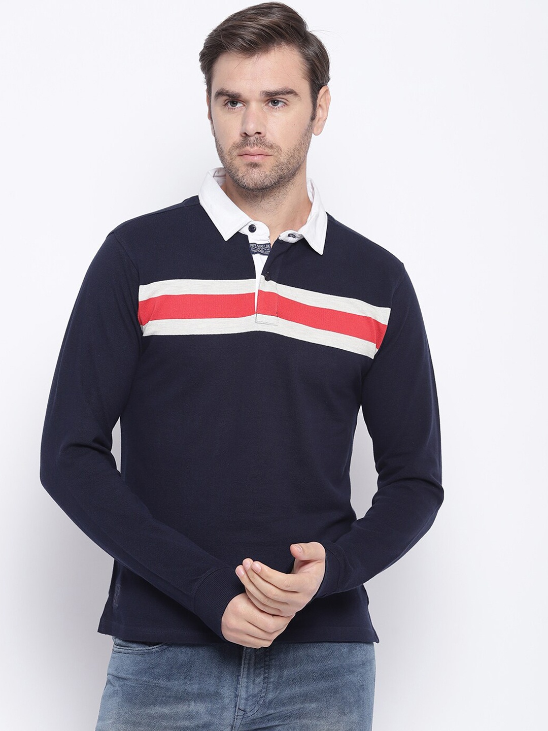 

Pepe Jeans Men Navy Blue & Red Striped Polo Collar T-shirt